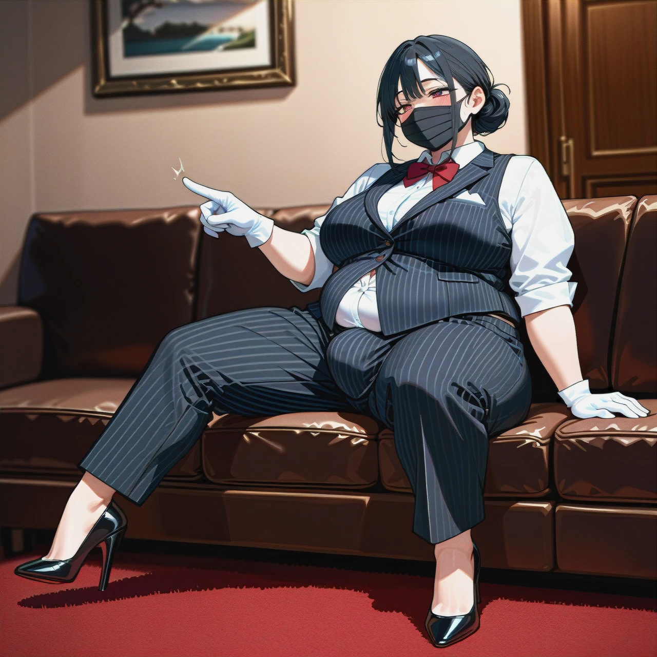 (fat), (full-package_futanari), (mature_female), masked face, black hair in a bun, bangs, black striped buttoned-up waistcoat, white shirt, red bowtie, black striped ironed long wide trousers, black patent high heels, white gloves, poking penis, tap dance, living room