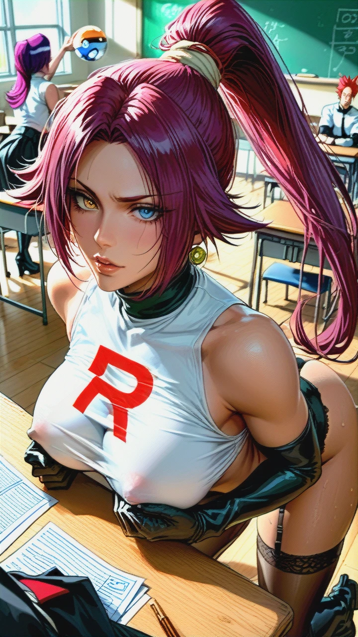 (curvy), black micro skirt, black tube top, white crop top, black boots, pantyhose, (paizuri), (medium_breasts), (covered_nipples), dark skin tone, @jessie team rocket teacher costume, garter belt, (panicking), @shihouin_yoruichi, classroom, (table_humping), hair pull doggystyle, cum on face