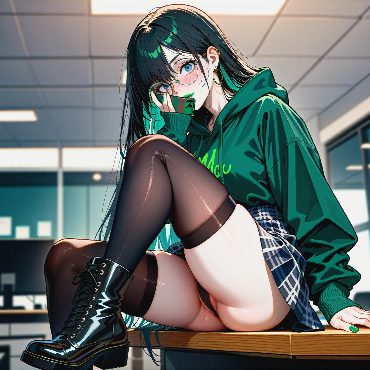 red and black checkered skirt,  knee-high socks,  dark black hair girl,dark black hair girl,dark black hair girl,extremly long hair, long hair, very long hair, hair long to the butt, steel frame glasses with large round lenses, , very dark green oversized hoodie, pale skin, (solo), (lean body:1.3), wasp waist, (hair covering left eye), sit on table, black flat boots, office, blue eyes, blushing, horny, very dark green lipstick, full lips, long green nails,  takes a selfie, uses phone, ear rings, (presenting_panties),