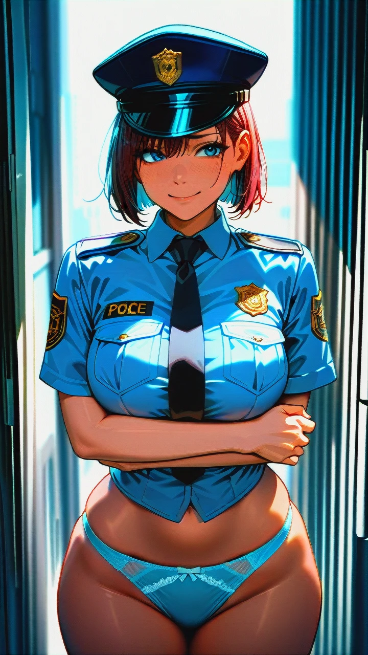 ultra_realistic, 8k, cinematic_still, full_shot,1girl2boy,dark-skinned_boy,big_black_cock,(arm_hug), female_police_officer_standing_on_a_city_street,_nighttime, lone, wearing_a_police_uniform, (blue_panties_visible:1.3), large_breasts, wide_hips, police_hat_on_head, (nervous_smile:1.2), hands_on_hips, street_lights_in_background, detailed_face, sharp_focus, dramatic_lighting, film_grain