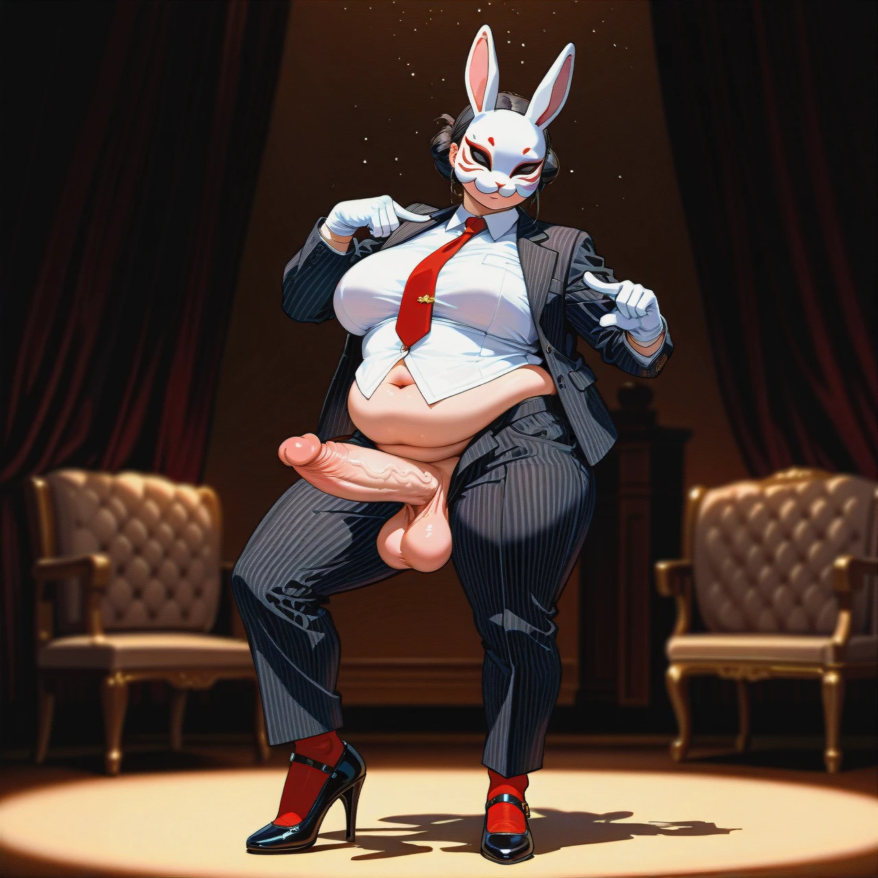 (fat), (full-package_futanari), (mature_female), rabbit mask, black slicked hair in a bun, bangs, black striped suit, white gloves, white shirt, red tie, black striped trousers, browh stockings, black patent high heel Mary Janes, poking penis, dancing, empty room