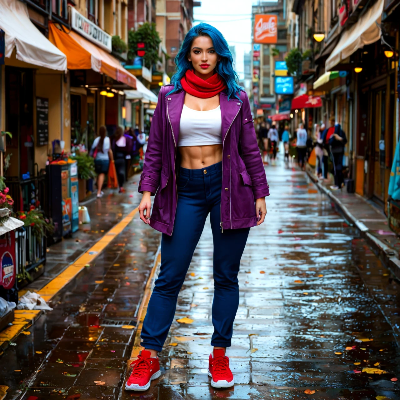 Fantasy woman With blue hair  in a scarf on half her face in a purple jacket in blue gloves and dark pants In red  sneakers porno