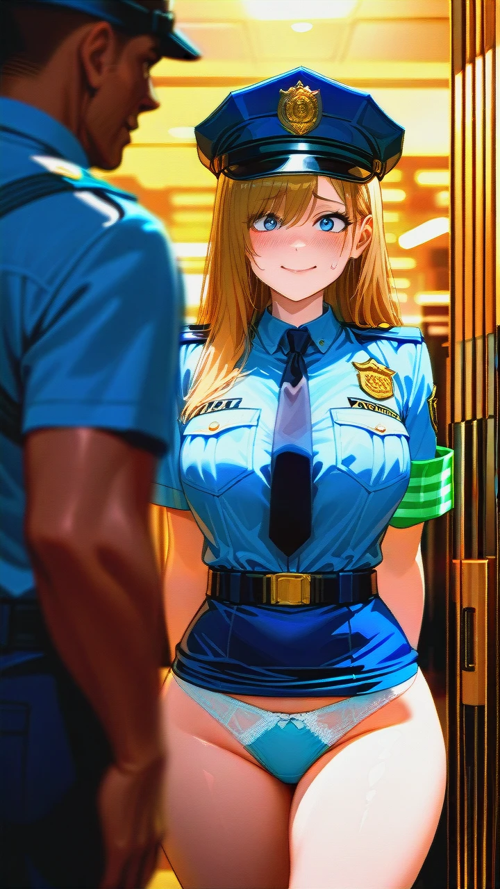 ultra_realistic, 8k, cinematic_still, full_shot,1girl2boy,dark-skinned_boy,hugging, female_police_officer_standing_on_a_city_street,_nighttime, lone, wearing_a_police_uniform, (blue_panties_visible:1.3), large_breasts, wide_hips, police_hat_on_head, (nervous_smile:1.2), hands_on_hips, street_lights_in_background, detailed_face, sharp_focus, dramatic_lighting, film_grain