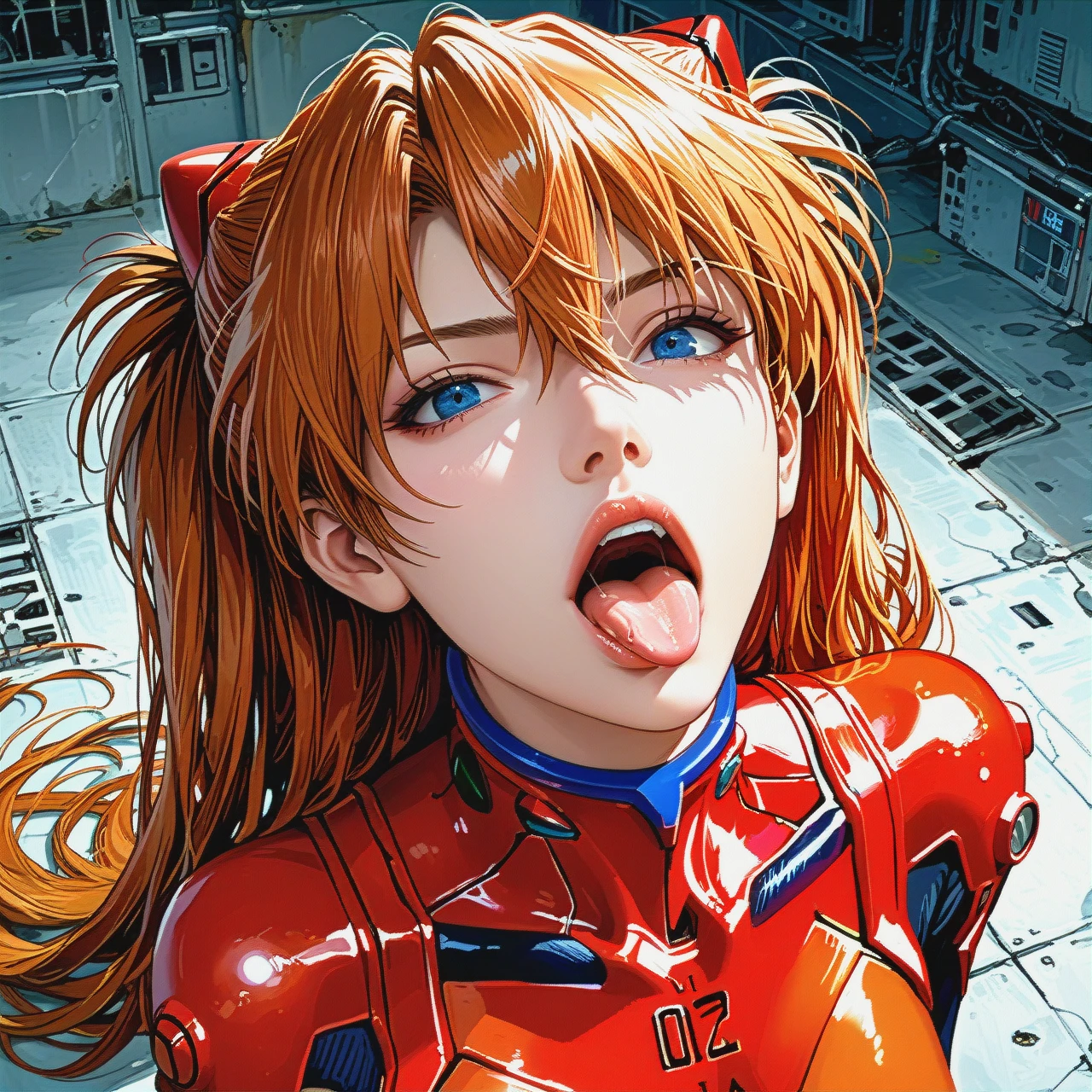 @asuka_langley_soryu (tongue) (tongue_out) (open_mouth) (one_eye_closed) (cupping_hands) (from_above)