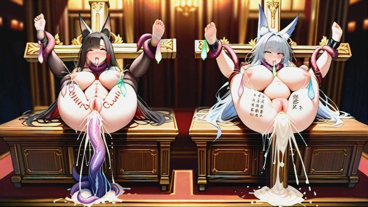 Two girls sit side by side all together,(crucifixion), @shinano @akagi_azur_lane all, Bunny girl suit, (ahegao) (cooperative_grinding) (pussy_tentacle) (tentacles) (cum_in_ass) (cum_inflation) (inflation) (cum_in_mouth) (cumdump) (cumdrip) (body_writing) (used_condom) (condom_left_inside) (condom) (shared_bondage) (torture) (legs_up) (folded) (autofellatio) at casino, casino desk, (huge_breasts) , (lactation) (female_ejaculation) (triple_anal) (strangling) full body shot (too_many_tentacles) 20+, top on cross, (human_toilet)