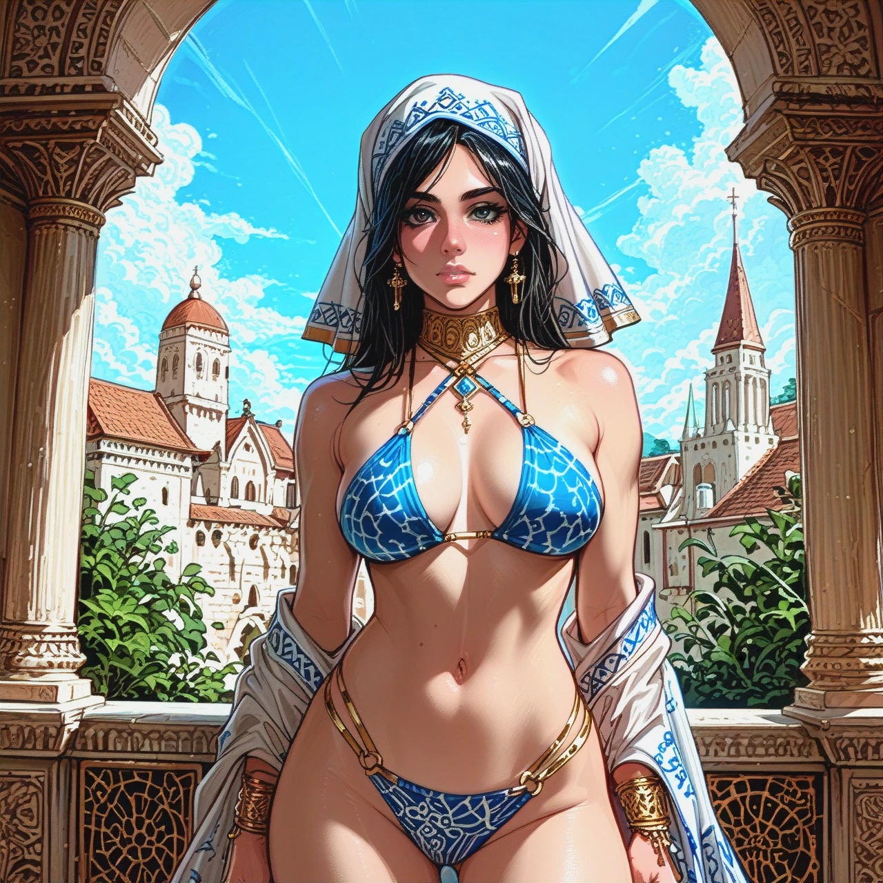 The image shows a young woman standing in front of a mosque. She is wearing a white and blue bikini with gold accents. The bikini top has a halter neckline and thin straps. The woman is also wearing a headscarf with a black and white pattern. She has  and is looking directly at the camera with a serious expression. The mosque in the background is a beige color with a dome on top. The sky is blue and the overall mood of the image is elegant and luxurious.