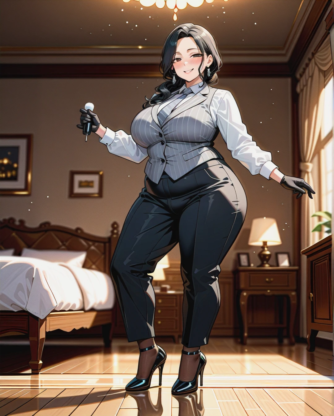 (plump) (male_futanari), (naughty_face), black hair, gray striped waistcoat, white shirt with tie, black ironed long trousers, brown stockings, black patent high heels, black gloves, tap dancing, (mature_female), bedroom, trampling a toy car