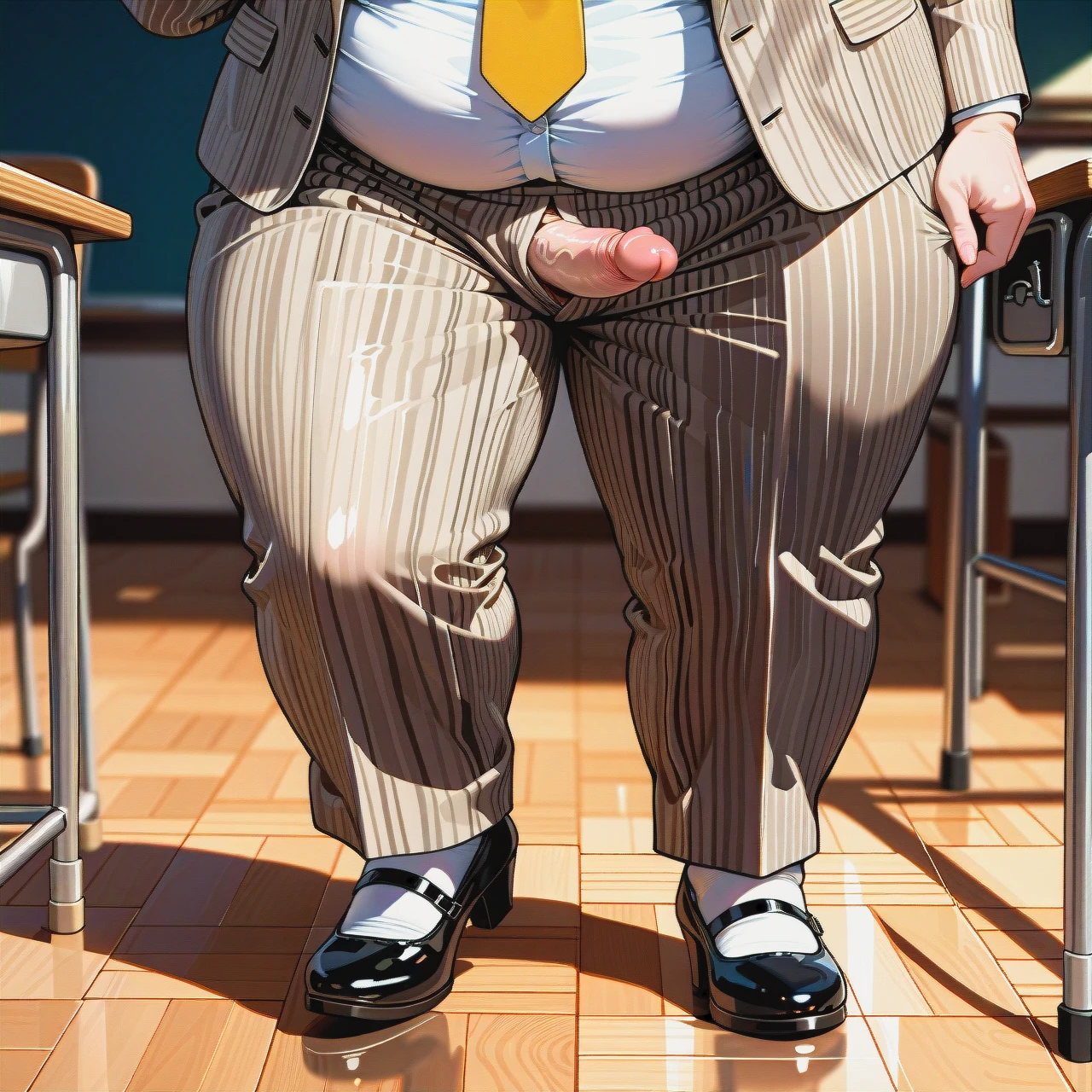 (fat), (full-package_futanari), (mature_female), (shy), (tongue_out), black slicked hair in a bun, bangs, beige striped suit, white shirt, yellow tie, beige striped trousers, black patent high heeled Mary Janes, poking penis, walking, classroom