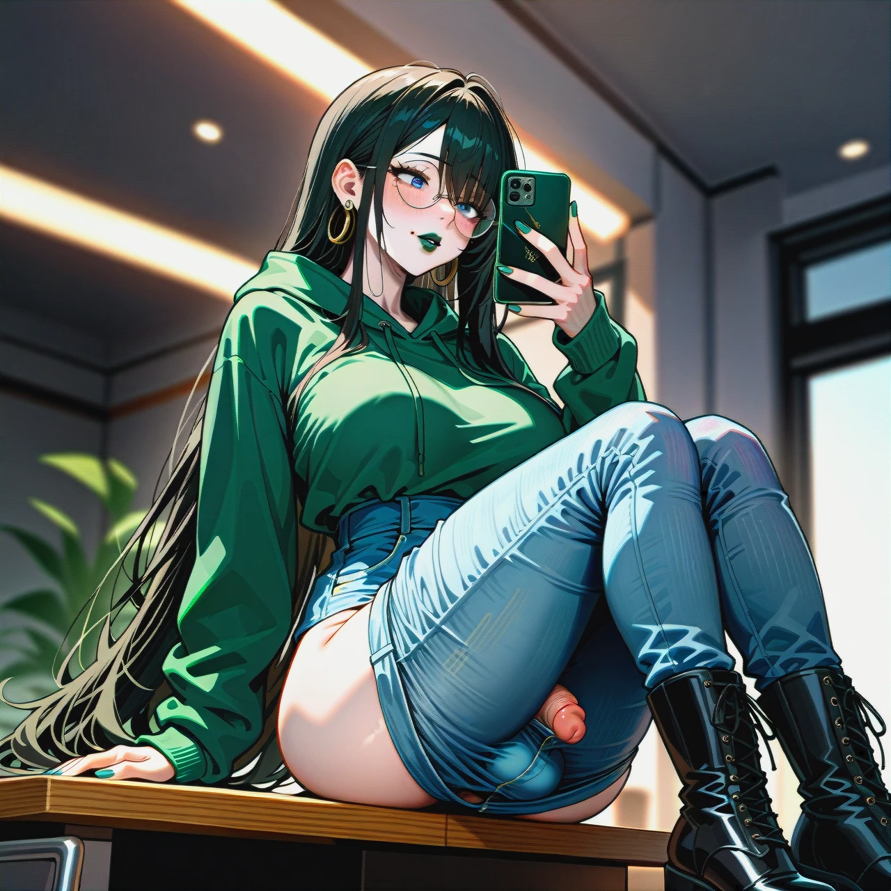 dark black hair futanari,dark black hair futanari,dark black hair futanari,dark black hair futanari,dark black hair futanari, extremly long hair, long hair, very long hair, hair long to the butt, steel frame glasses with large round lenses, , very dark green oversized hoodie, (side boobs), pale skin, (futanari), (solo), (lean body:1.3), wasp waist, (hair covering left eye), (exposed cocks:1.2), erected cock, sit on table, black flat boots, office, blue eyes, blushing, horny, very dark green lipstick, full lips, long green nails, jeans with cuffs dropped to the knees, takes a selfie, uses phone, ear rings,