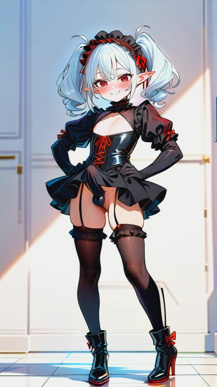 High_quality, (otoko_no_ko), (flat_chest), (frilled_thighhighs), garter_straps, pointy_ears, red_eyes, white_hair, (red_and_black_dress), elbow_gloves, frilled_headband, puffed_sleeves, frilled_choker, (cleavage_cutout),  (long_twin_ponytails), (ankle_boots_with_heels), slim_legs, corset, (legs_apart), (smile), (blush), (hands_on_hips), (erection_under_skirt), penis_bulge,