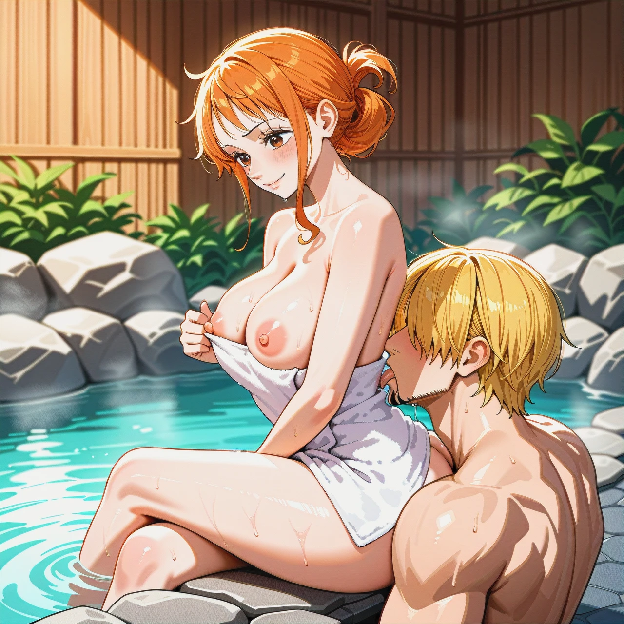 onsen, sole male, sole female, (mature_female), (smelling ass), pulled back hairstyle, towel, (nipple_slip) , (crossed_legs) , @nami , (anilingus) , precum, @sanji