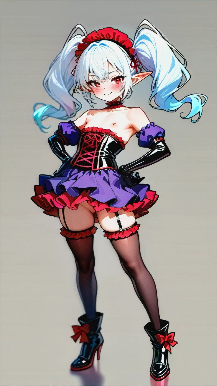 High_quality, (otoko_no_ko), (flat_chest), (frilled_thighhighs), garter_straps, pointy_ears, red_eyes, white_hair, elbow_gloves, frilled_headband, puffed_sleeves, frilled_choker, (cinderella_bust),  (long_twin_ponytails), (ankle_boots_with_heels), purple_dress, naked_shoulders, slim_legs, corset, front_viev, (legs_apart), (smile), (blush), (hands_on_hips),