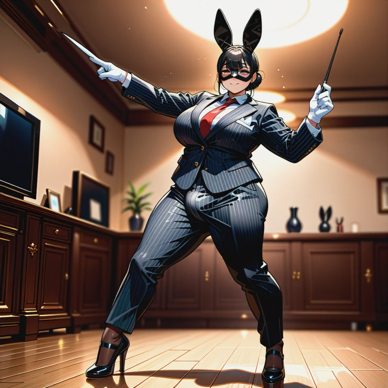 (plump), (full-package_futanari), (mature_female), rabbit mask, black slicked hair in a bun, bangs, black striped suit, white gloves, white shirt, red tie, black striped trousers, browh stockings, black patent high heel Mary Janes, poking penis, dancing, empty room, holding a pointer