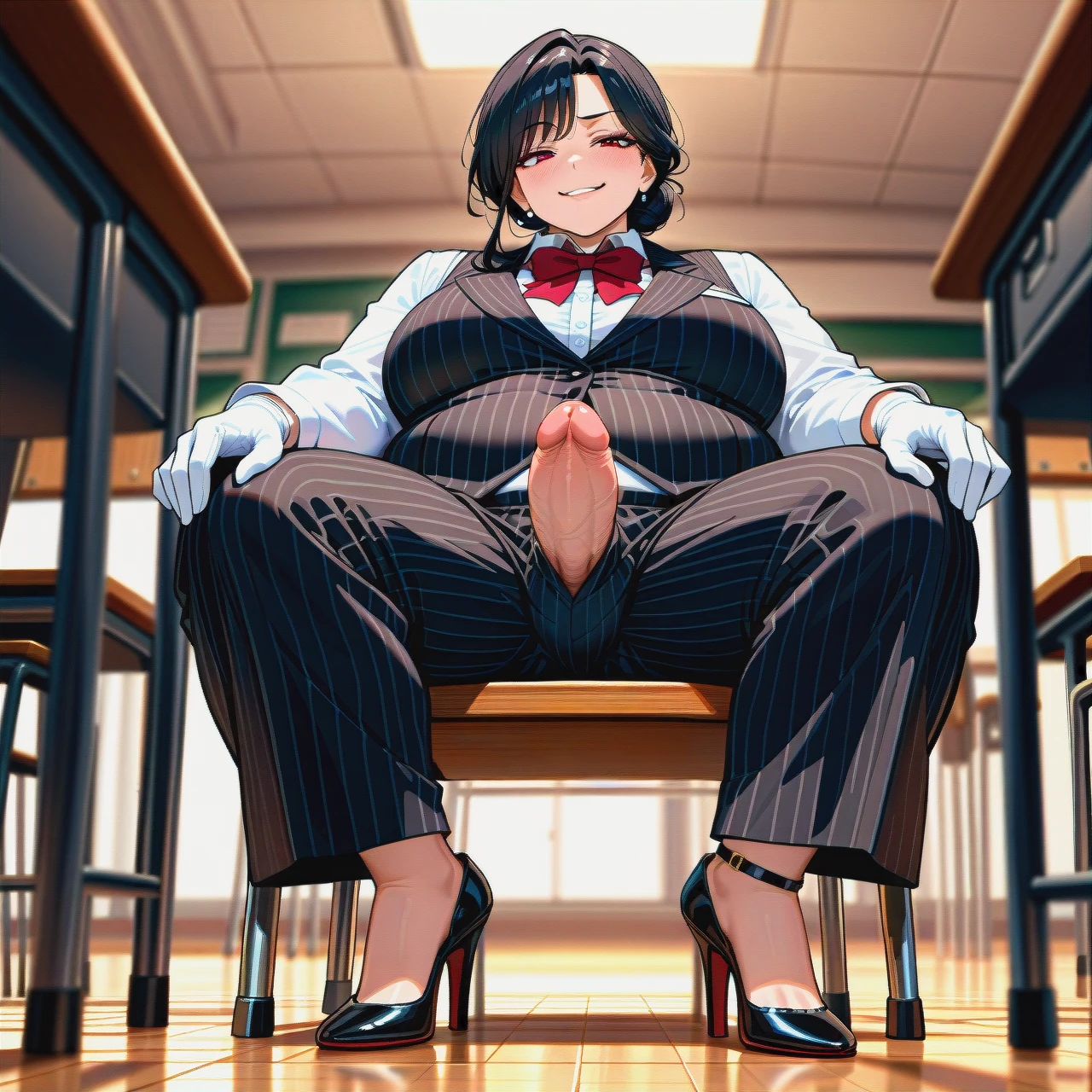 (fat), (full-package_futanari), (mature_female), (smirk), hair in a bun, bangs, black striped buttoned-up waistcoat, white long sleeve shirt, red bowtie, black striped ironed long wide trousers, black patent high heels, white gloves, poking penis, sitting on a chair, classroom