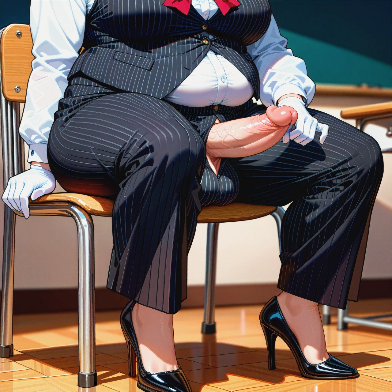 (fat), (full-package_futanari), (mature_female), (smirk), hair in a bun, bangs, black striped buttoned-up waistcoat, white long sleeve shirt, red bowtie, black striped ironed long wide trousers, black patent high heels, white gloves, poking penis, sitting on a chair, classroom