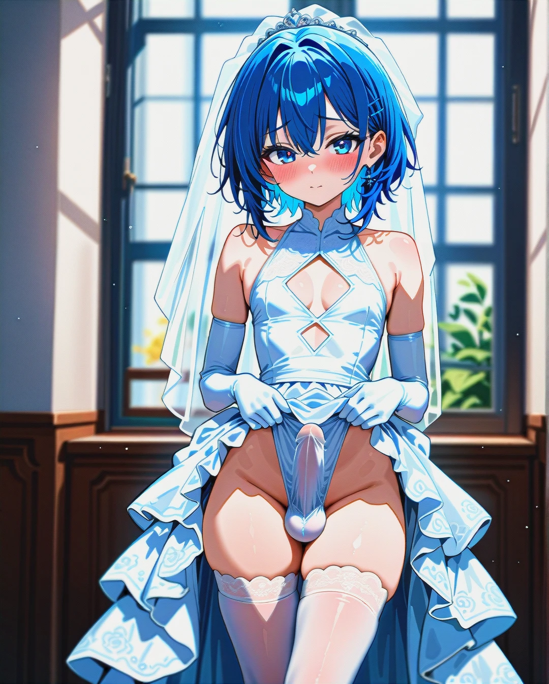 High_quality, (otoko_no_ko), (open_dress), wedding_dress, elbow_gloves, thighhighs, blue_eyes, blue_hair, (large_breasts), (cleavage_cutout) slim_legs, front_viev, (blush), (erection_under_clothes), penis_bulge, highheels,