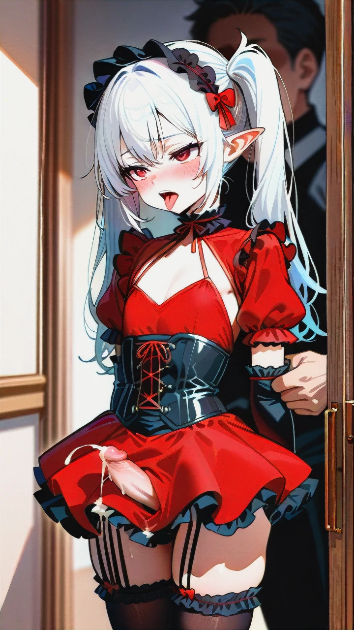 High_quality, (otoko_no_ko), (flat_chest), (frilled_thighhighs), garter_straps, pointy_ears, red_eyes, white_hair, red_dress, black_dress, elbow_gloves, frilled_headband, puffed_sleeves, frilled_choker, (cleavage_cutout),  (long_twin_ponytails), slim_legs, corset, (blush), (erection_under_skirt), (deep_penetration), (arm_held_back), (ejaculation), (sex_from_behind), (tongue_out)