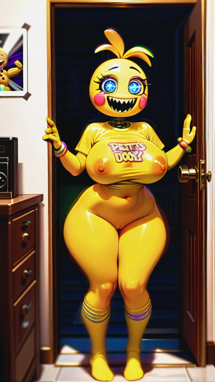 1boy,dark-skinned_boy,nude_boy,big_penis,opposite,1girl, @toy_chica,nervous_smile,large_breasts,(curvy),big_hips,yellow_panties,yellow_shirt,yellow_socks,open_door