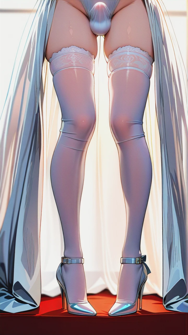 High_quality, (otoko_no_ko), (open_dress), wedding_dress, elbow_gloves, thighhighs, (large_breasts), (cleavage_cutout) slim_legs, front_viev, (blush), (erection_under_clothes), penis_bulge, highheels,