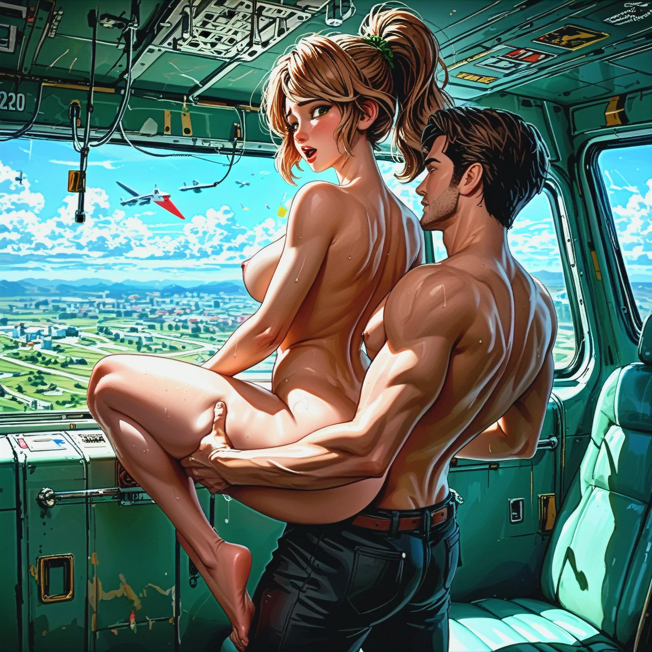 1girl, 1boy, , , , @cass_hamada man fucking young woman in plane, blond hair, ponytail, smooth hair, beautiful hair, sexy, beautiful, gorgeous, nude, shirt, (sex), sex standing up, carrying, back view, (full_body), moaning