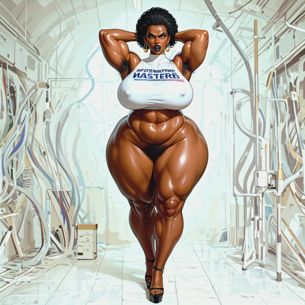 Full length, white room, solo, very african, very dark skin, very mistress, angry, very hyper gigantic boobs are bigger than the body, gigantic  ass are bigger than the body, very lot of armpit hair, gigantic lips, gigantic lipstick, very lot of pubic hair