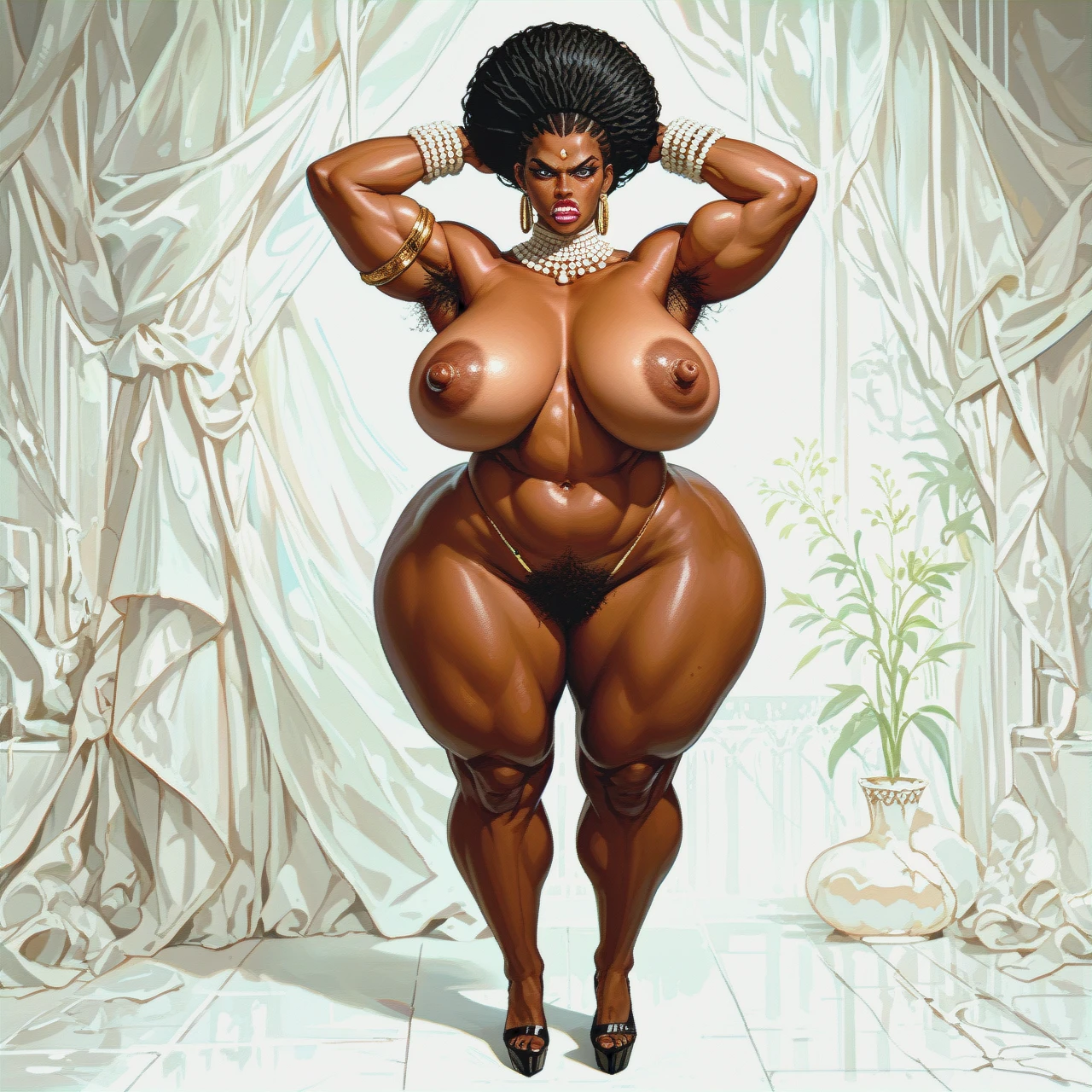 Full length, white room, solo, very african, very dark skin, very mistress, angry, gigantic boobs are bigger than the body, gigantic  ass are bigger than the body, very lot of armpit hair, gigantic lips, gigantic lipstick, very lot of pubic hair