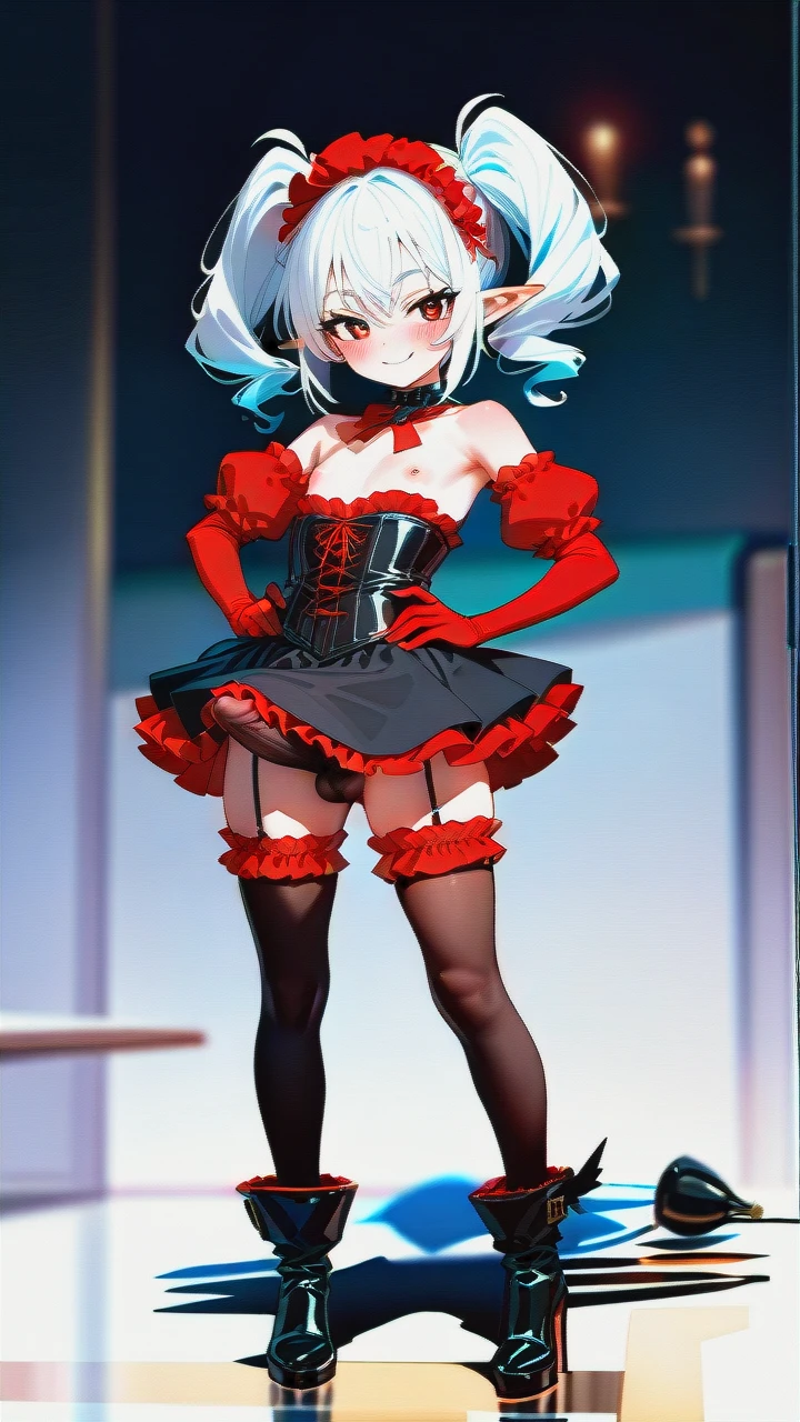 High_quality, (otoko_no_ko), (flat_chest), (frilled_thighhighs), garter_straps, pointy_ears, red_eyes, white_hair, elbow_gloves, frilled_headband, puffed_sleeves, (long_twin_ponytails), (ankle_boots_with_heels), (red_and_black_dress), frilled_chocker, naked_shoulders, slim_legs, corset, (cinderella_bust), front_viev, (legs_apart), (smile), (blush), (erection_under_clothes), (erection_under_skirt), (hands_on_hips), (penis_bugle_with_scrotum),