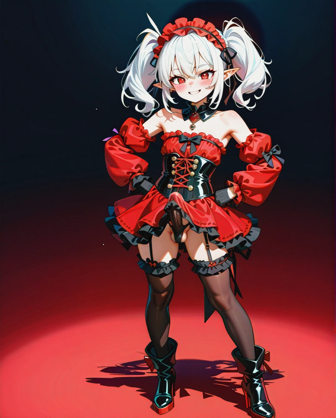 High_quality, (otoko_no_ko), (big_tits), (frilled_thighhighs), garter_straps, pointy_ears, red_eyes, white_hair, elbow_gloves, frilled_headband, puffed_sleeves, (long_twin_ponytails), (ankle_boots_with_heels), (red_and_black_dress), frilled_chocker, naked_shoulders, slim_legs, corset, (cinderella_bust), front_viev, (legs_apart), (smile), (blush), (erection_under_clothes), (erection_under_skirt), (hands_on_hips), (penis_bugle_with_scrotum),