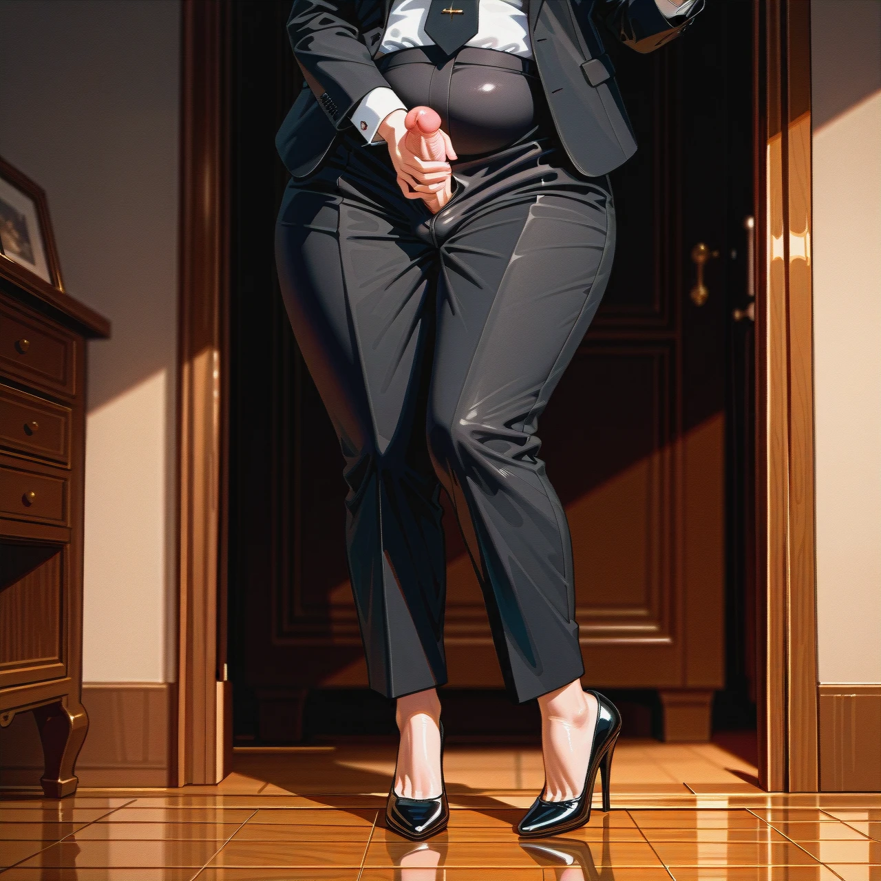 (fat) (full-package_futanari) (mature_female), oval mask, black long hair with bangs, black suit, white shirt with tie, black ironed long trousers, black patent high heels, living room at night, (futanari_masturbation), tap dancing