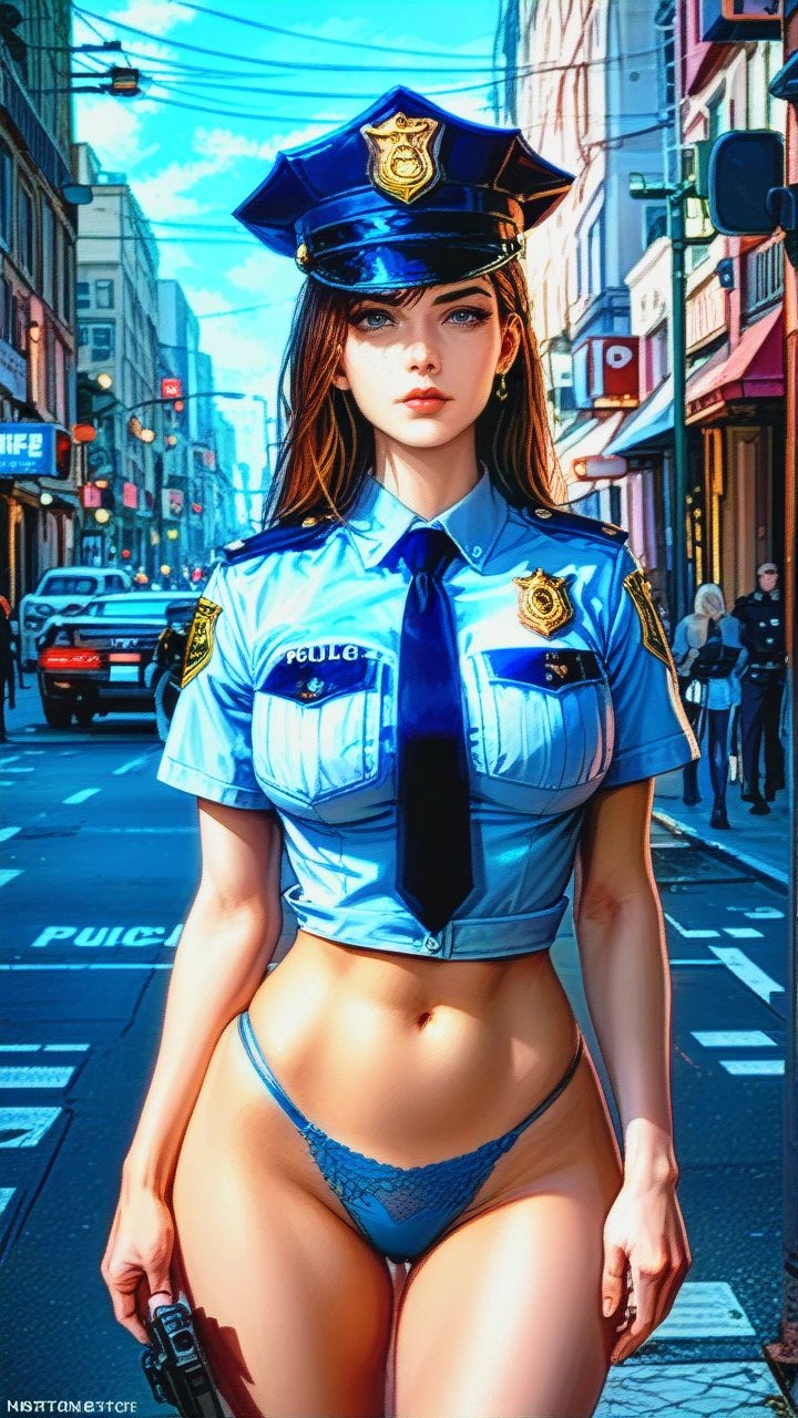 ultra_realistic, 8k, cinematic_still, full_shot, female_police_officer_standing_on_a_city_street,_nighttime, lone, wearing_a_police_uniform, (blue_panties_visible:1.3), large_breasts, wide_hips, police_hat_on_head, confident_expression, street_lights_in_background, detailed_face, sharp_focus, dramatic_lighting, film_grain