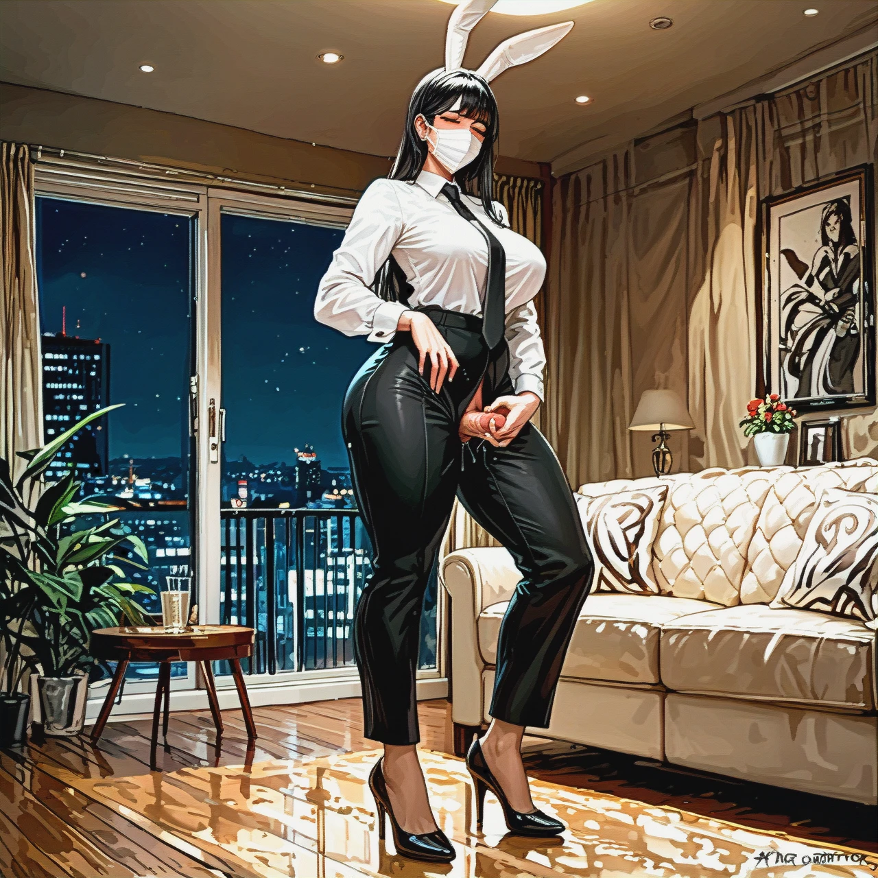 (fat) (full-package_futanari) (mature_female), white bunny mask, black long hair with bangs, black suit, white shirt with tie, black ironed long trousers, black patent high heels, living room at night, (futanari_masturbation), tap dancing, precum