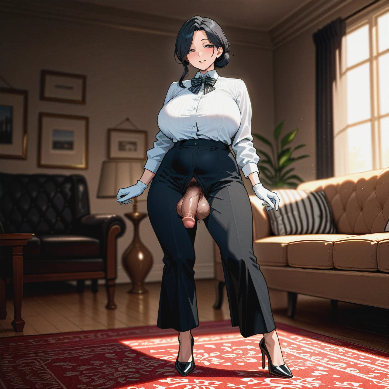 (futanari) (fat) (mature_female) white long sleeve shirt, bowtie, black striped ironed long wide trousers, white gloves, black high heels, living room, black hair in a bun, pokes penis, brown penis, hairy balls, tap dancing