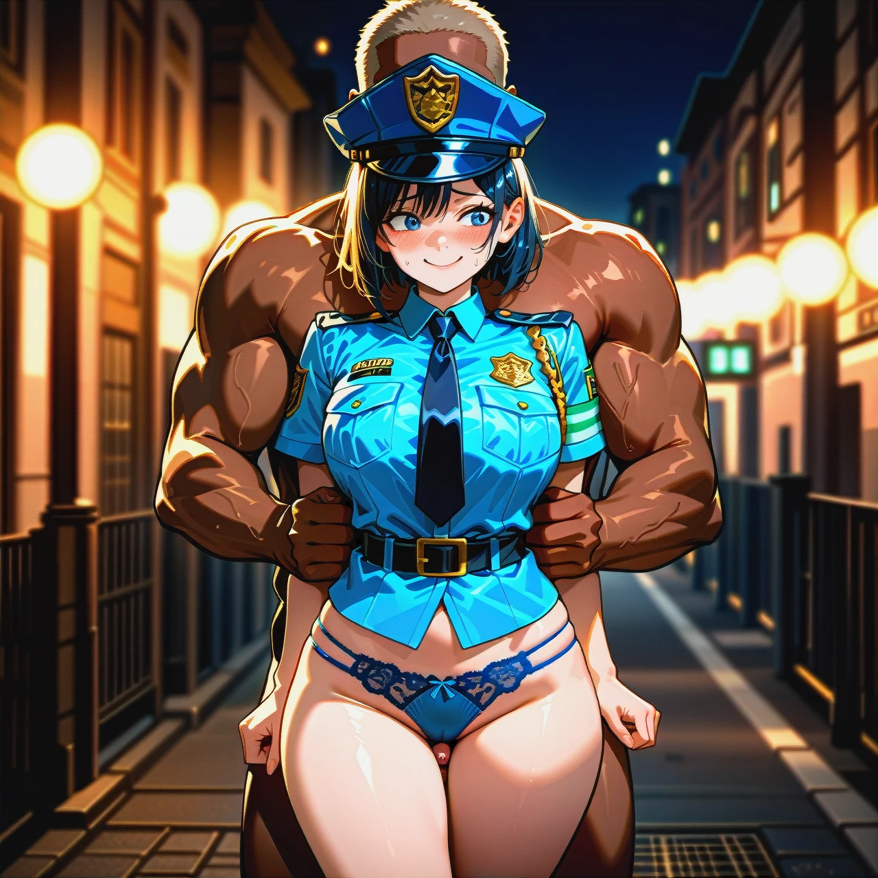 ultra_realistic, 8k, cinematic_still, full_shot,1boy1girl,dark-skinned_boy,nude,big_penis,(chin_grab),(arm_hug), female_police_officer_standing_on_a_city_street,_nighttime, lone, wearing_a_police_uniform, (blue_panties_visible:1.3), large_breasts, wide_hips, police_hat_on_head, (nervous_smile:1.2), hands_on_hips, street_lights_in_background, detailed_face, sharp_focus, dramatic_lighting, film_grain