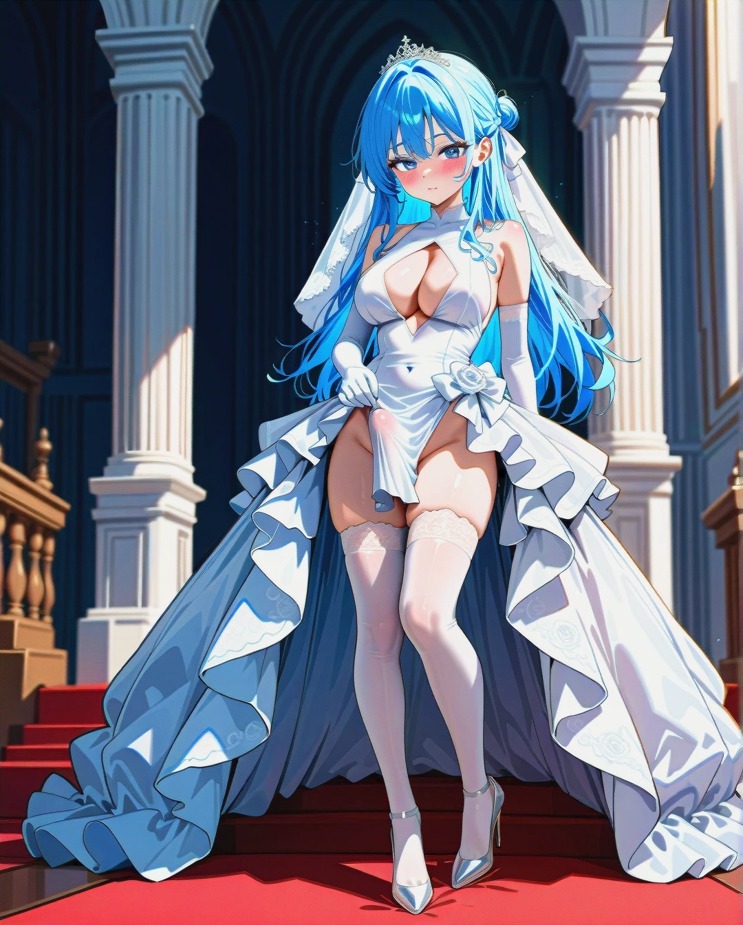 High_quality, (otoko_no_ko), (open_dress), wedding_dress, elbow_gloves, thighhighs, blue_eyes, blue_hair, (large_breasts), (cleavage_cutout) slim_legs, front_viev, (blush), (erection_under_clothes), penis_bulge, highheels,