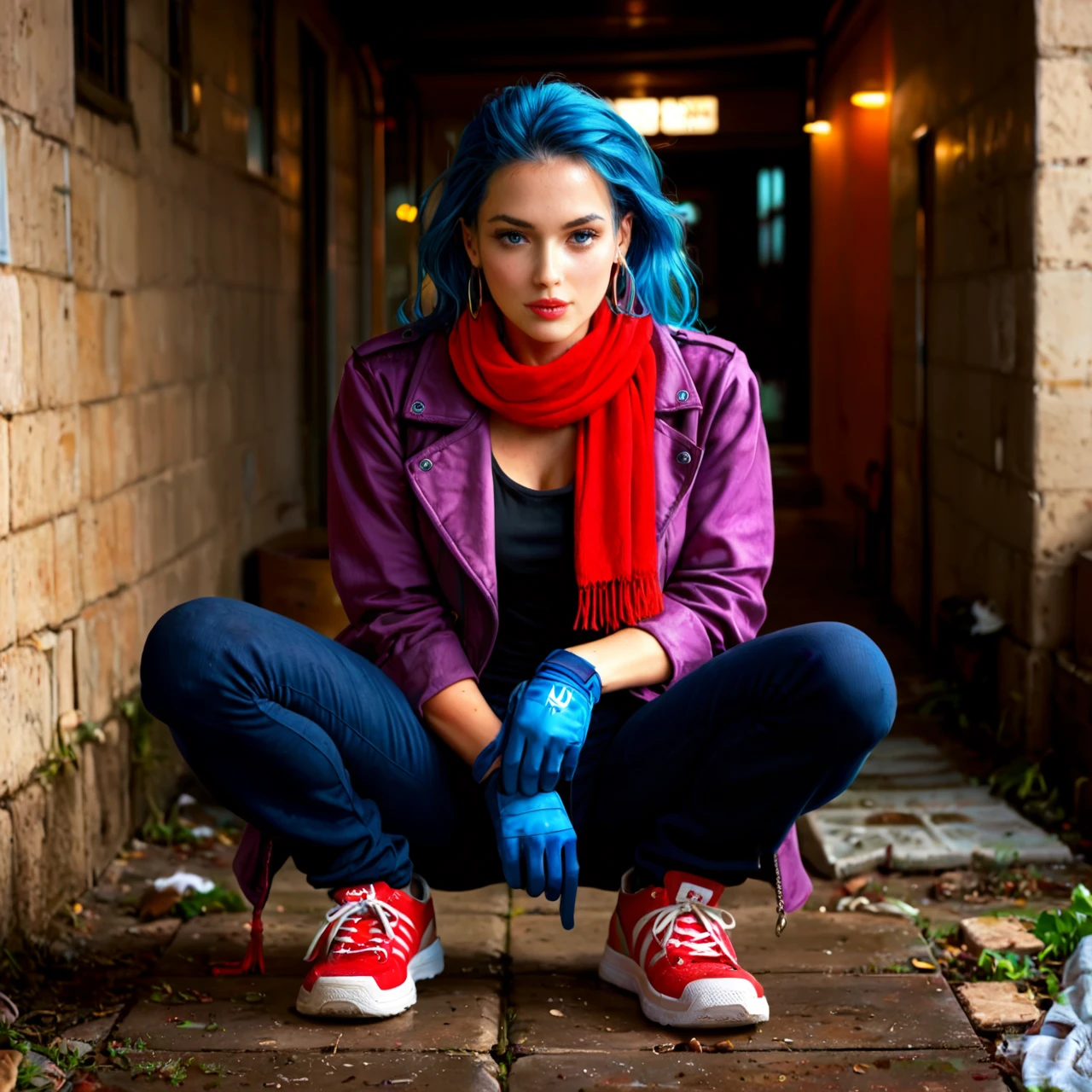 Fantasy woman With blue hair  in a scarf on half her face in a purple jacket in blue gloves and dark pants In red sneakers