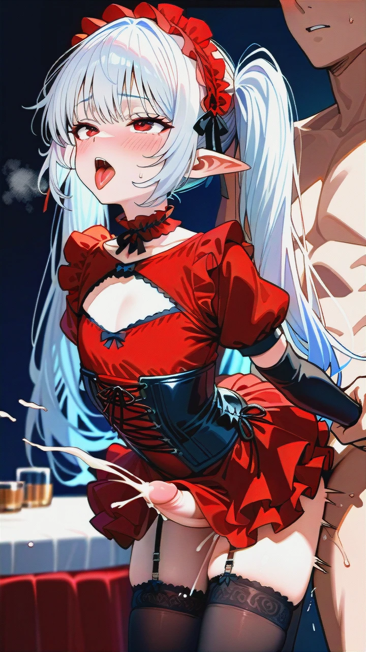 High_quality, (otoko_no_ko), (flat_chest), (frilled_thighhighs), garter_straps, pointy_ears, red_eyes, white_hair, red_dress, black_dress, elbow_gloves, frilled_headband, puffed_sleeves, frilled_choker, (cleavage_cutout),  (long_twin_ponytails), slim_legs, corset, (blush), (erection_under_skirt), (deep_penetration), (arm_held_back), (ejaculation), (sex_from_behind), (tongue_out)