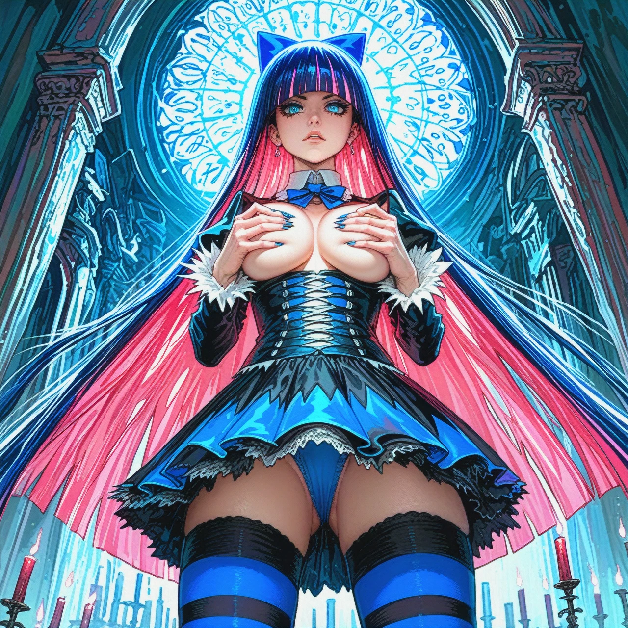 @stocking, (claw_pose), (covering_breasts)