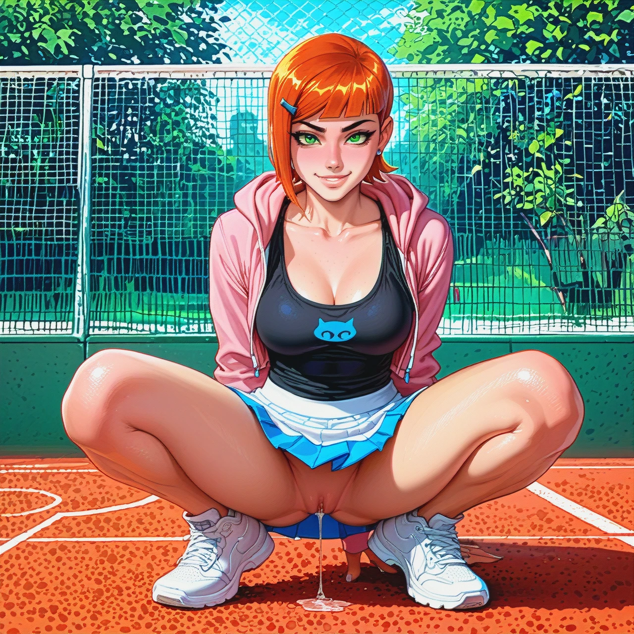 @gwen_tennyson and julie yamamoto from ben 10 alien force, asian woman, smiling, bobcut, blunt bangs, black hair, skin tight pink hoodie, black tank top cleavage, white tennis skirt, white sneakers, no panties, squatting legs spread, tennis court (cumdrip)