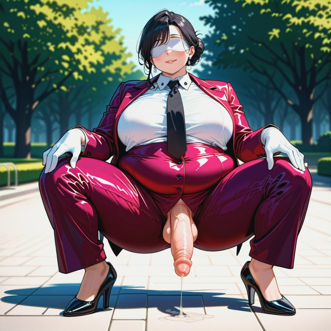 (fat), (full-package_futanari), (mature_female), white rhinestone blindfold, white rhinestone facemask, black hair in a bun, bangs, dark pink buttoned-up suit, white shirt, black tie, dark pink ironed long wide trousers, black patent high heels, white gloves, poking penis, tap dance, park