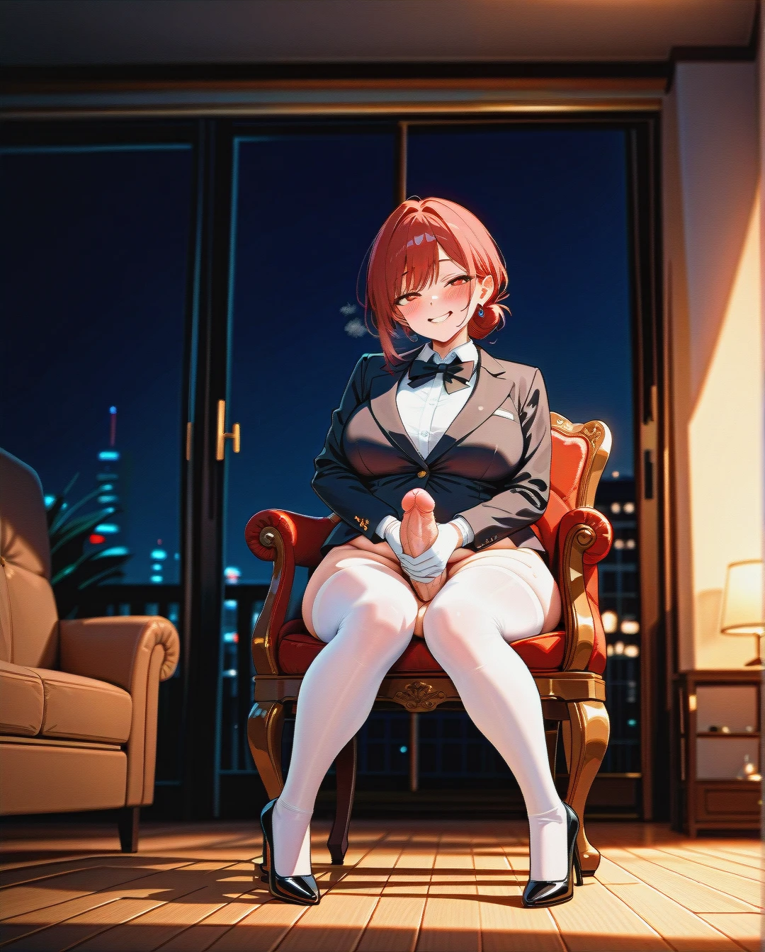 (plump), (futanari), three-piece suit with bowtie, gloves, bottomless, white stockings,(naughty_face) (mature_female) cheeks, high heels, masturbating, veiny penis, sitting on a chair, living room, at night, (solo_focus)