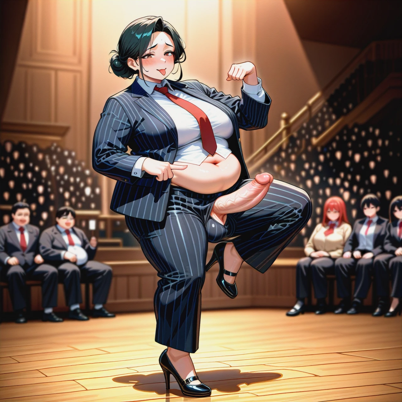 (fat), (full-package_futanari), (mature_female), (shy), (tongue_out), black slicked hair in a bun, bangs, black striped suit, white shirt, red tie, black striped trousers, black patent high heel Mary Janes, poking penis, dancing, school stage