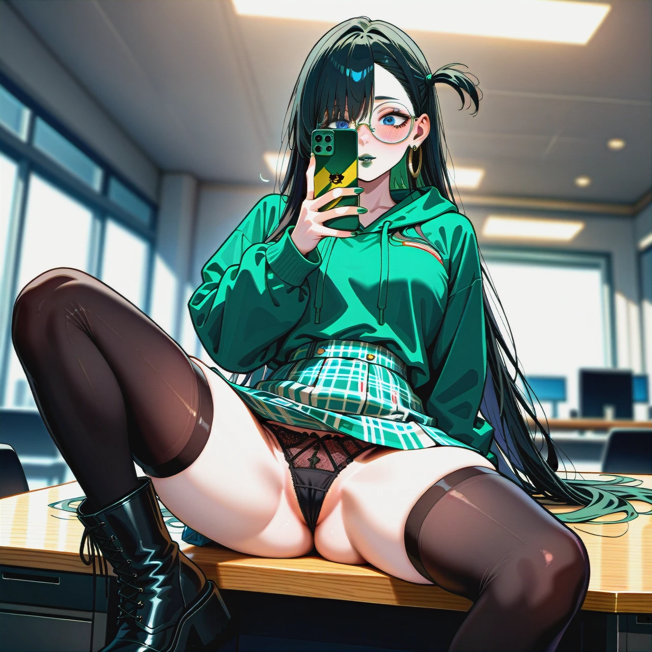 red and black checkered skirt,  knee-high socks,  dark black hair girl,dark black hair girl,dark black hair girl,extremly long hair, long hair, very long hair, hair long to the butt, steel frame glasses with large round lenses, , very dark green oversized hoodie, pale skin, (solo), (lean body:1.3), wasp waist, (hair covering left eye), sit on table, black flat boots, office, blue eyes, blushing, horny, very dark green lipstick, full lips, long green nails,  takes a selfie, uses phone, ear rings, (presenting_panties),