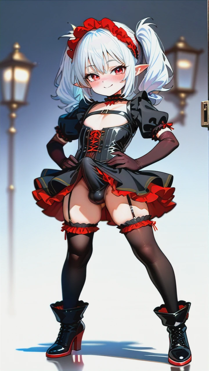 High_quality, (otoko_no_ko), (flat_chest), (frilled_thighhighs), garter_straps, pointy_ears, red_eyes, white_hair, elbow_gloves, frilled_headband, puffed_sleeves, frilled_choker, (cleavage_cutout),  (long_twin_ponytails), (ankle_boots_with_heels), (red_and_black_dress), slim_legs, corset, (legs_apart), (smile), (blush), (hands_on_hips), (erection_under_skirt), penis_bulge,