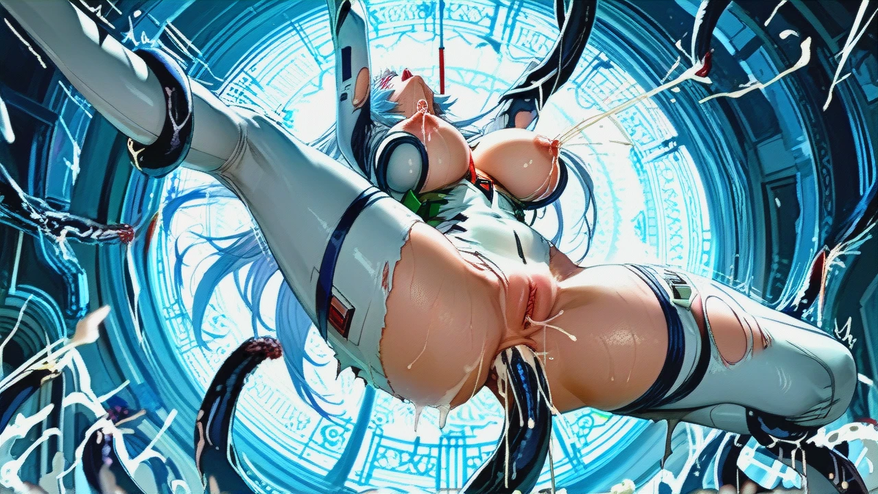 Solo, (ayanami rei , long  hair, naughty moaning), big breast, suspended, tentacle throat fuck, folded legs , guided breast grab from behind, lactating, torn suit,  tentacle  Deep thrusting anus ,motion lines,anal hyper  cumdump, cum pool