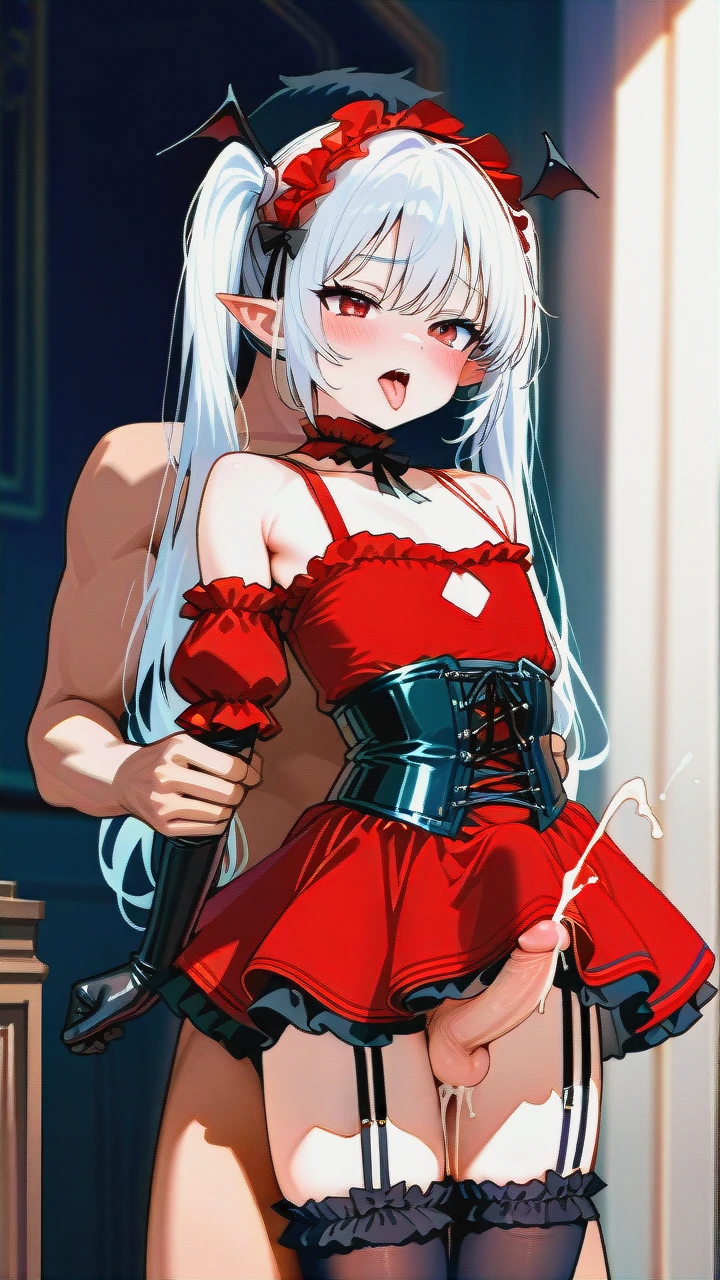 High_quality, (otoko_no_ko), (flat_chest), (frilled_thighhighs), garter_straps, pointy_ears, red_eyes, white_hair, red_dress, black_dress, elbow_gloves, frilled_headband, puffed_sleeves, frilled_choker, (cleavage_cutout),  (long_twin_ponytails), slim_legs, corset, (blush), (erection_under_skirt), (deep_penetration), (arm_held_back), (ejaculation), (sex_from_behind), (tongue_out)