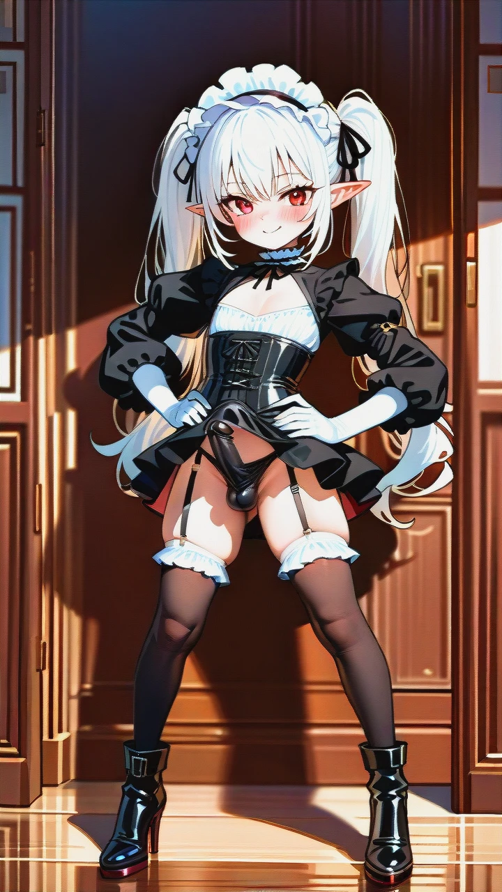 High_quality, (otoko_no_ko), (flat_chest), (frilled_thighhighs), garter_straps, pointy_ears, red_eyes, white_hair, elbow_gloves, frilled_headband, puffed_sleeves, frilled_choker, (cleavage_cutout),  (long_twin_ponytails), (ankle_boots_with_heels), (red_and_black_dress), slim_legs, corset, (legs_apart), (smile), (blush), (hands_on_hips), (erection_under_skirt), penis_bulge,