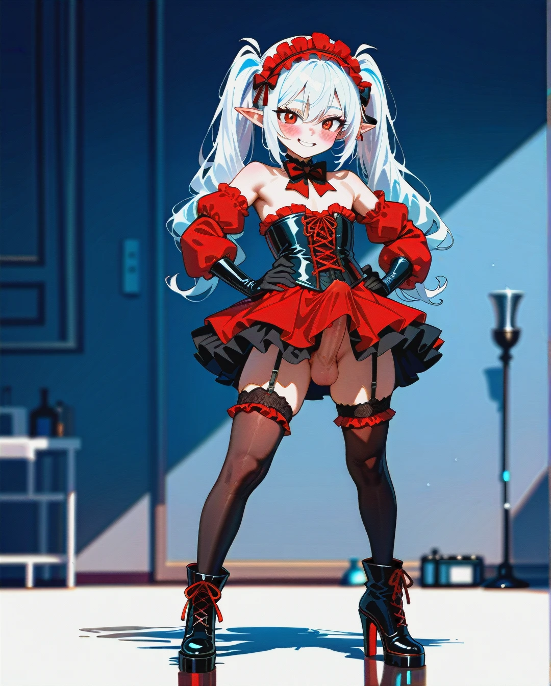 High_quality, (otoko_no_ko), (flat_chest), (frilled_thighhighs), garter_straps, pointy_ears, red_eyes, white_hair, elbow_gloves, frilled_headband, puffed_sleeves, (long_twin_ponytails), (ankle_boots_with_heels), (red_and_black_dress), frilled_chocker, naked_shoulders, slim_legs, corset, (cinderella_bust), front_viev, (legs_apart), (smile), (blush), (erection_under_clothes), (erection_under_skirt), (hands_on_hips), (penis_bugle_with_scrotum),