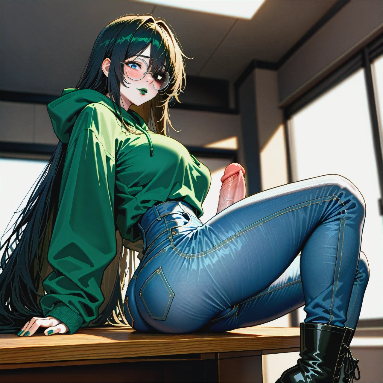 dark black hair futanari,dark black hair futanari,dark black hair futanari,dark black hair futanari,dark black hair futanari, extremly long hair, long hair, very long hair, hair long to the butt, steel frame glasses with large round lenses, , very dark green oversized hoodie, (side boobs), pale skin, (futanari), (solo), (lean body:1.3), wasp waist, (hair covering left eye), (exposed cocks:1.2), erected cock, sit on table, black flat boots, office, blue eyes, blushing, horny, very dark green lipstick, full lips, long green nails, jeans with cuffs dropped to the knees, selfie