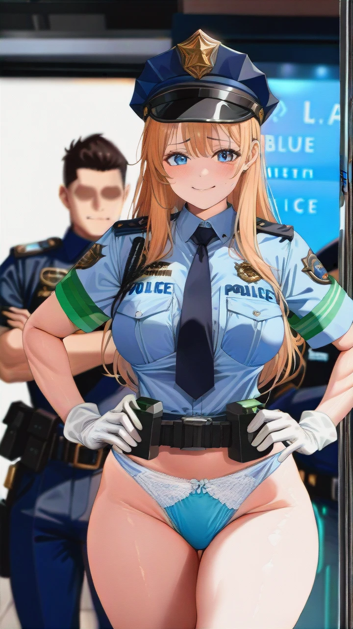 ultra_realistic,_8k,_cinematic_still,_full_shot,_nighttime,_city_street,_1girl2boys,(female_police_officer:1.3),_standing,_wearing_police_uniform,_(blue_panties_visible:1.3),_large_breasts,_wide_hips,_police_hat_on_head,_(nervous_smile:1.2),_hands_on_hips,_looking_at_camera,(two_black_men:1.5),_muscular,_embracing_the_police_officer,_smiling,_street_lights_in_background,_detailed_face,_sharp_focus,_dramatic_lighting,_film_grain