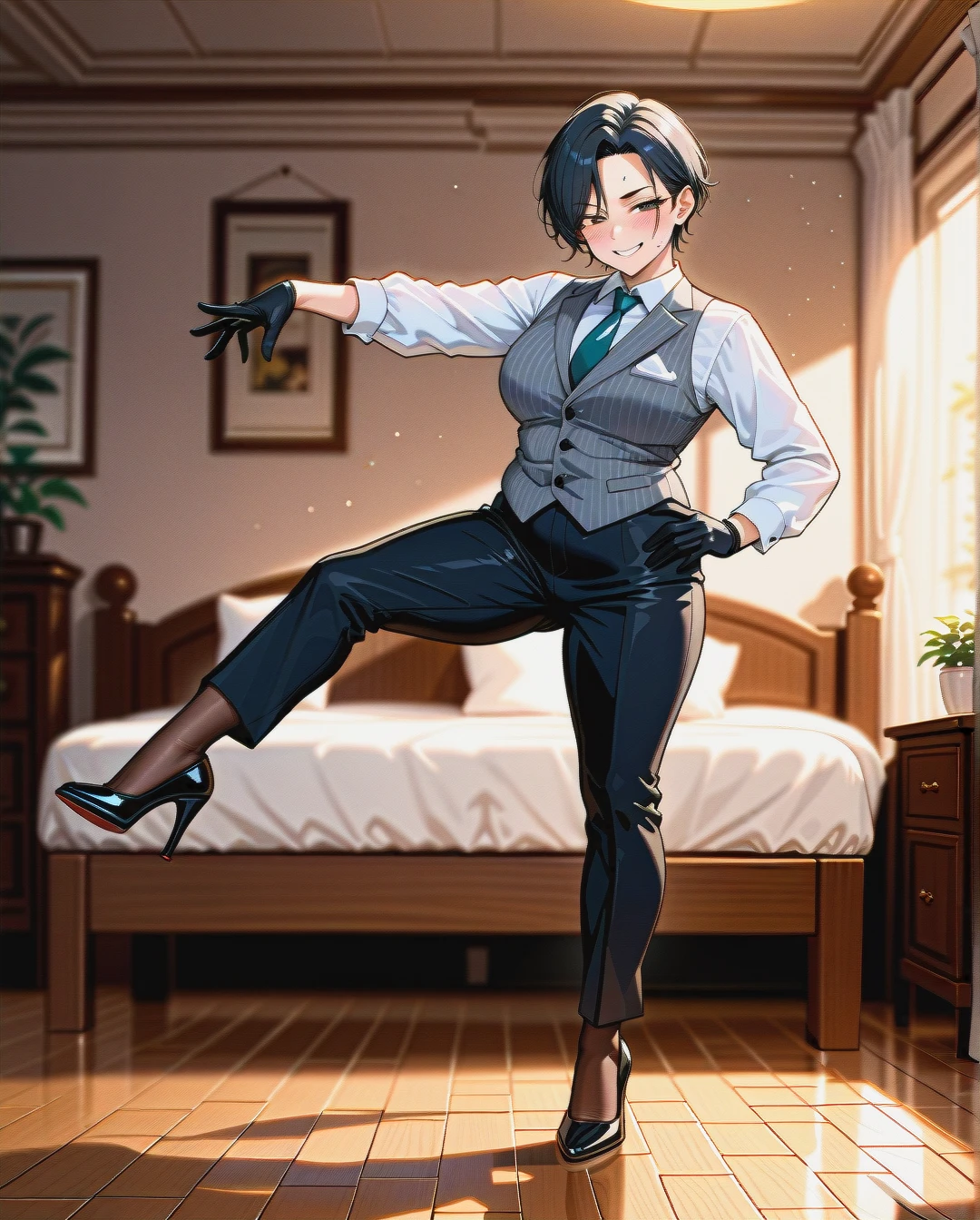 (plump) (reverse_trap), (naughty_face), black hair, gray striped waistcoat, white shirt with tie, black ironed long trousers, brown stockings, black patent high heels, black gloves, tap dancing, (mature_female), bedroom, trampling a toy car